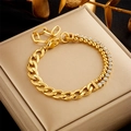 Double-layered gold titanium steel Cuban chain bracelet with sparkling rhinestones decoration - Cuban Chain Rhinestone Splicing Style (B786) / Gold