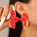 Exaggerated red enamel flower stud earrings with golden metallic wavy edges for women - Red Enamel Petal Style (6490) / Red