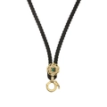 Close-up of a black braided necklace featuring a gold flower pendant with green gemstone - Gold Sunflower