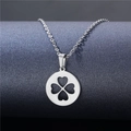 Close-up of a silver clover heart pendant on a minimalist stainless steel chain - Round Clover