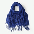 Lightweight blue cashmere-feel scarf with elegant fringe trim and woven label detail - Royal Blue