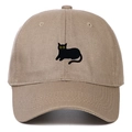 Close-up of black cat embroidery with yellow eyes on khaki cotton twill baseball cap - Adjustable / Khaki
