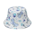 Close-up of white bucket hat featuring blue whale and sea shell ocean prints - White Ocean Rabbit Whale