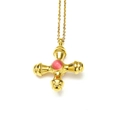 Elegante collana a croce in acciaio al titanio placcato oro 18k con gemma rosa centrale - Oro Pietra Occhio di Gatto Rosa