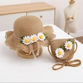 Detailed set of woven straw hat and matching crossbody bag with daisy floral accents - Hat and Bag Set / Khaki