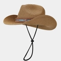 Detail of woven straw cowboy hat with ethnic patterned band and adjustable chin strap - One Size / Khaki