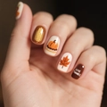 Short square press-on nails with Thanksgiving pumpkin and maple leaf designs - Thanksgiving Maple Leaf Pumpkin Style (CW759)