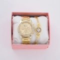 Gold tone Geneva watch and bracelet set with rhinestones and Roman numerals - Style 16 + Bracelet + Box