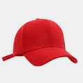 Close-up of the textured red corduroy fabric and stitching on a classic baseball cap - Adjustable / Red