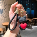 Cute black woven texture bear keychain featuring a red heart and braided leather wrist strap - Bear (B255-1) / Single Piece / Black