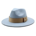 Detail of light blue wool fedora hat featuring khaki band and small metal bee ornament - Sky Blue