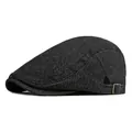 Unisex washed denim flat cap in dark grey with vintage metal adjustment buckle on back - Black