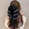 Elegant oversized black mesh bow hair claw with white pearl trim and long ribbons - Black-Pearl Ribbon Claw Clip