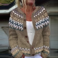 Women's brown retro Nordic jacquard knit cardigan with 3D print and button closure - S / Top (9248) / Brown