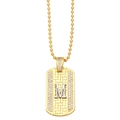 Detail of gold bead chain with dog tag pendant featuring a silver M and cubic zirconia - Letter M