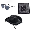 Set cappello da cowboy nero con occhiali da sole a cuore e bandana con motivo paisley - Set 3 Pezzi Bordo Piume Nero