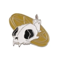 Gothic cat skull enamel pin with white candle and yellow pentagram star design - Animal Skull with Candle