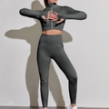 Dunkelgraues nahtloses Yoga-Set für Damen mit Langarm-Oberteil und High-Waist-Leggings - Dunkelgrau