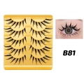Detail view of model B81 fox-eye false eyelashes in a five-pair pack with styling display - B81 Clear Band / 5 Pairs Set