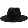 Close-up of black wool felt fedora hat featuring a brown leather belt and metal badge - M (56-58cm) / Black