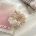 Creamy white sheer organza scrunchie with pink floral pattern and ballet ribbon style - Beige Large Flower