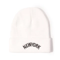 Detailed view of white knitted beanie with black NEW YORK embroidery and folded cuff - M (56-58cm) / White