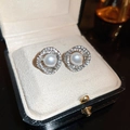 Elegant silver pearl earrings with double rhinestone halos in a premium black jewelry box - Silver Wrap Zirconia Pearl Stud / Silver