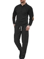 Men's casual waffle knit two-piece set in black featuring long sleeve polo and cargo pants - Black