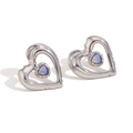 Polished silver heart stud earrings featuring a rainbow opal inlay in a hollow design - Sweet Hollow Natural Stone Double Heart Studs / Silver