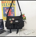 Men's black cargo messenger bag with multi-pockets and green plush dinosaur charm - Random Badges + Dinosaur Pendant / Black