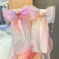 Gradient pink and purple bow hair clips with long ribbons, pearls and metal chains - Set Light Blue And Purple With Chain