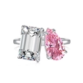 S925 sterling silver Toi et Moi ring with emerald cut clear stone and pink pear gem - Silver Pink And White Double Stones (Pear & Rectangle) (DY120827-S-W-BF)