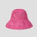 Detail of rose red woven straw hat featuring intricate crochet floral patterns and texture - M(56-58cm) / Rose Red