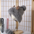 Winter grey deer antler knit aviator hat with faux fur lining and plush pompom top - Antler Ear Flap Plush Hat / Gray