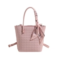 Pink woven texture bucket bag with elegant floral silk scarf and versatile shoulder strap - Pink