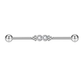 Silver industrial barbell earring with clear zircons and round bead clusters on white background - Two Rhinestones