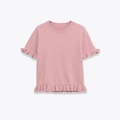 Jersey de punto rosa con manga corta y dobladillo con volantes y cuello redondo - S / Rosa