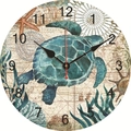 Silent vintage wall clock with sea turtle and nautical map design in turquoise and beige - Vintage Map Sea Turtle