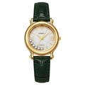 Elegant women's quartz watch with gold case, moving diamonds, and green leather strap - Green