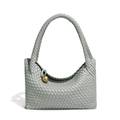 Green woven hobo bag with a distinctive golden metal ball charm and soft leather texture - Agate Grey