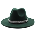 Close-up of dark green wool fedora hat featuring a sparkling silver rhinestone band decoration - Dark Green