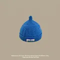 Blue knit baby winter hat with pointed top and PIIG letter patch for windproof warmth - Blue Pacifier With Leather Label (for Children Aged 2 Months To 2 Years)