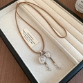 Collana vintage con doppio pendente a cuore in argento e strass con cordino marrone - Ciondolo Argento - Corda Marrone