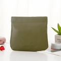 Olive green PU leather mini pouch for lipstick and earbuds with squeeze closure - Olive Green