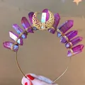 Macro detail of handmade gold moon crown with purple crystal points and wire wrapping - Gold Headband/Large Gold Moon/Purple Crystal Cluster