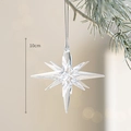 Stella decorativa in acrilico da 10cm con cordino argento appesa a un ramo di pino - Stella di riccio trasparente