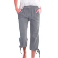 Detail of adjustable drawstring waistband and grey cotton linen fabric on cropped pants - S / Dark Gray