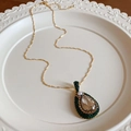 Gold necklace with champagne teardrop pendant and green stones on a vintage plate - 48# Gold Teardrop Gemstone Necklace (Real Gold Plated)