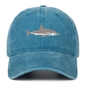 Vintage washed blue cotton baseball cap featuring high-quality grey shark embroidery - Lake Blue