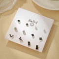 Set of 6 pairs minimalist stud earrings with mixed geometric shapes on display card - Minimalist Geometric Black Style (E1956-1)